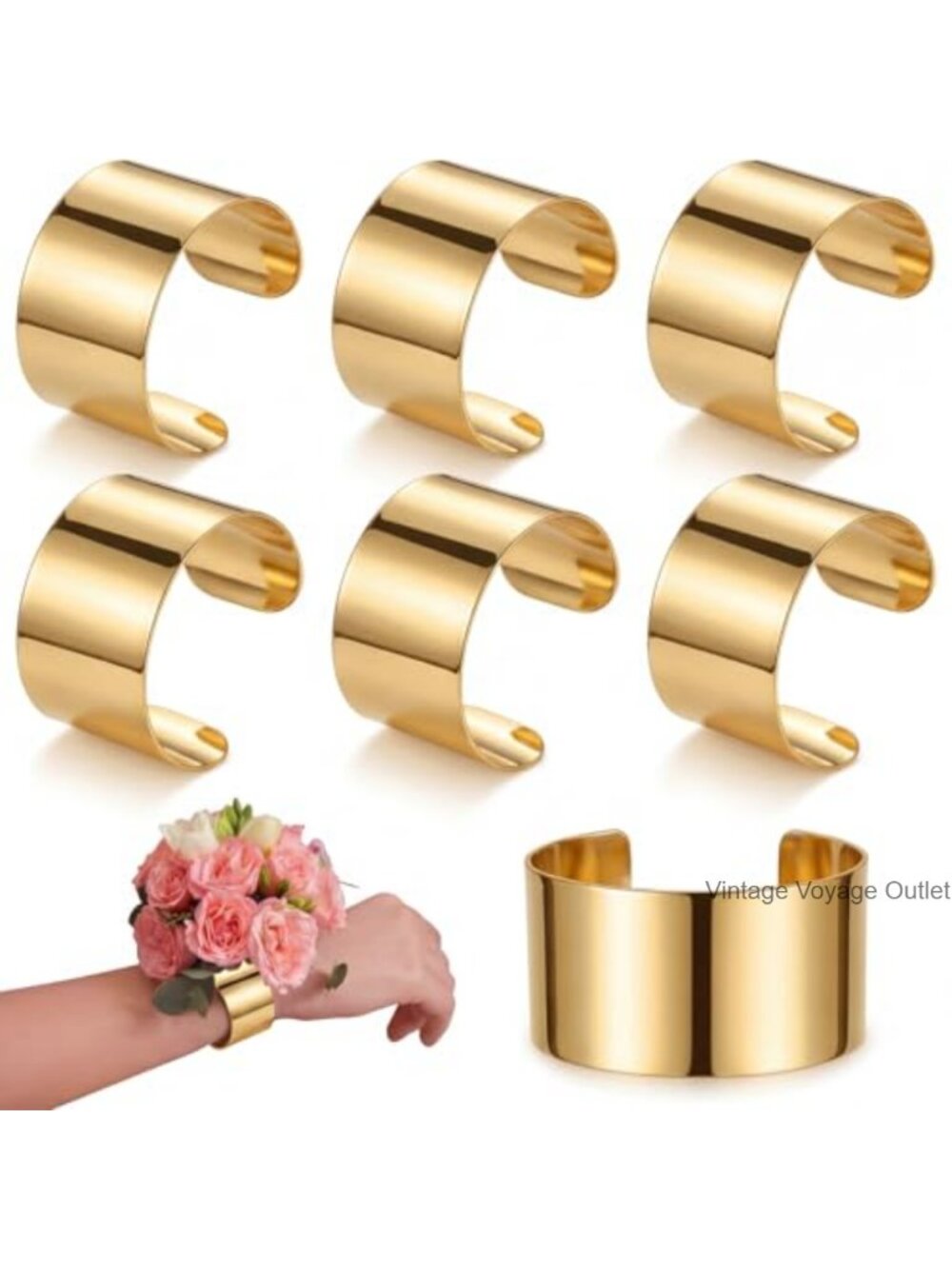 6 Pc Gold Iron Open Cuff Bracelet Set Wrist Corsage Adjustable